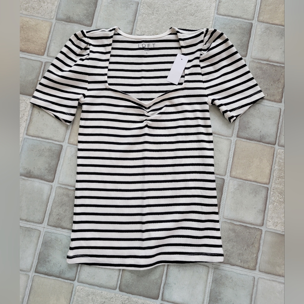 LOFT Black and White Striped Short Sleeve Tee